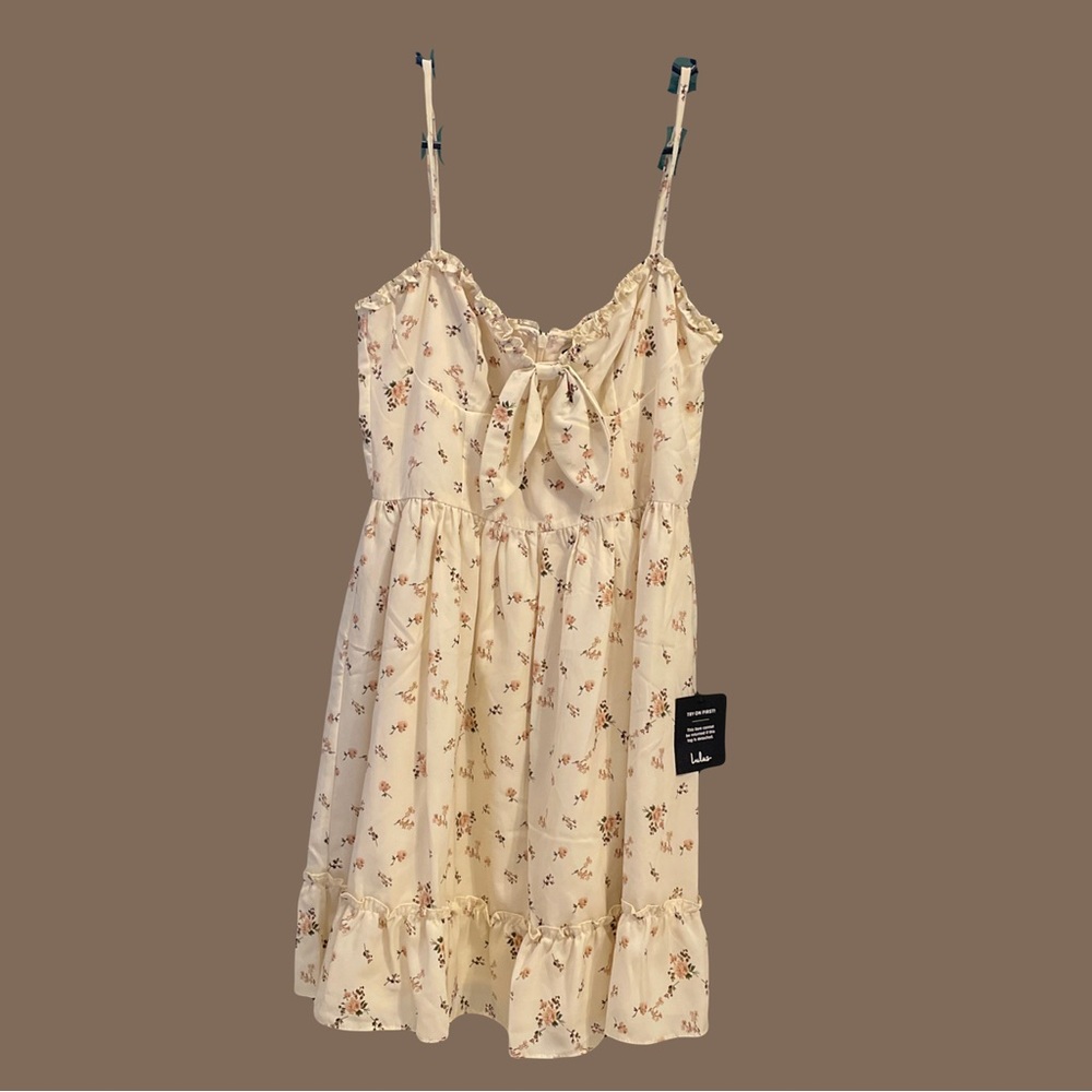 New With Tags Lulus Romantic Muse Cream Floral Print Tie-Front Mini Dress